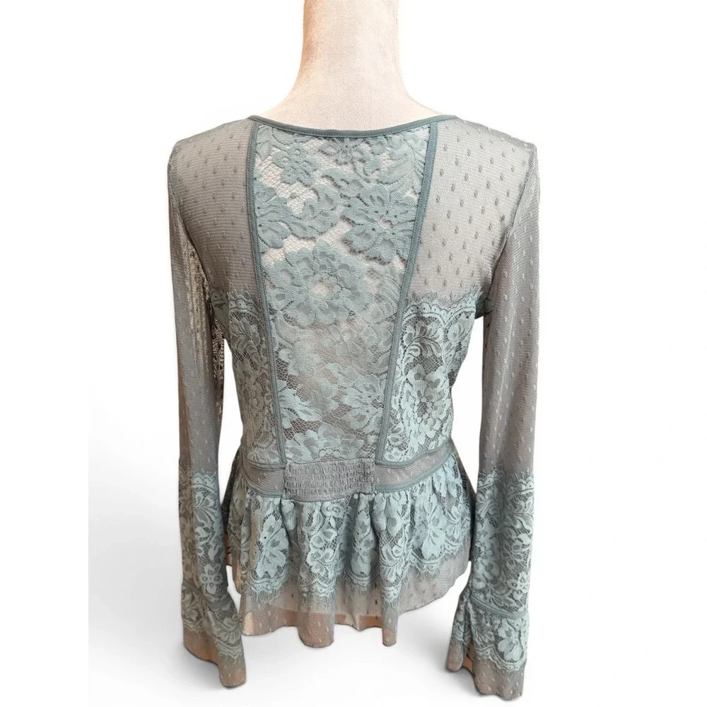 Free People Blouse Womens Small Blue Sheer Lace Peplum Mesh Boho Victorian